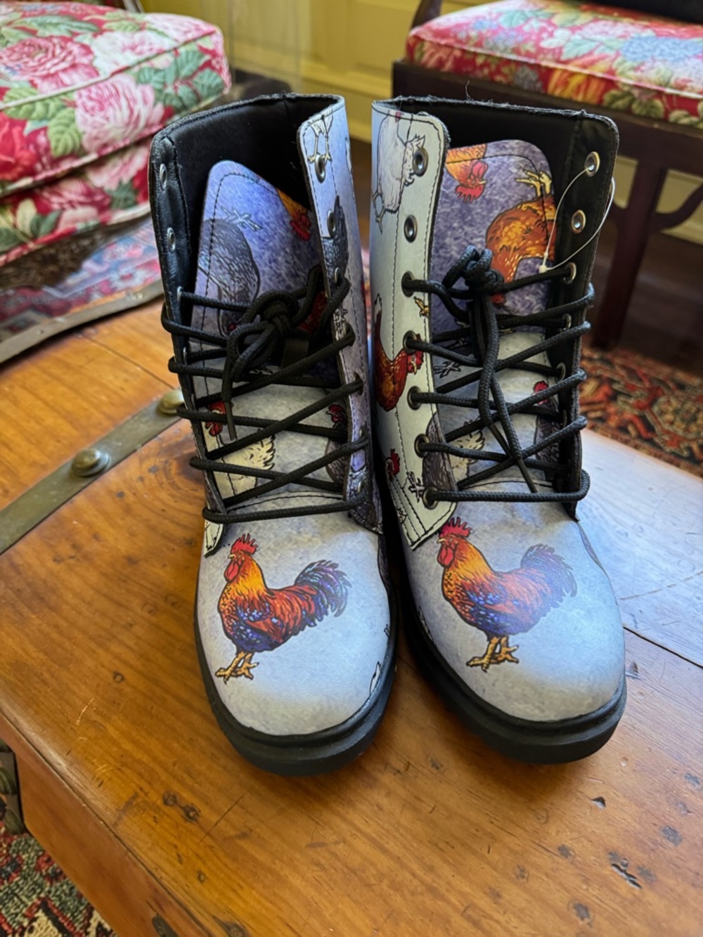 Rooster-Print Lace-Up Men’s Boots - Black, Orange, Blue